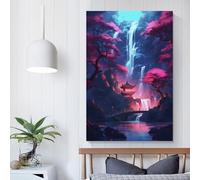 QBIREX Sakura Waterfall Temple Art Canvas Paintings On The Wall Art Posters And Prints Hand to Hand Art Pictures Poster Home Decor12x18inch(30x45cm)