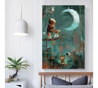 QBIREX The Moon Climb - Woodland Animals on A Ladder to The Moon Canvas Wall Art Bedroom for Teens Girl Women Living Room Decoration Wall Decoration 20x30inch(50x75cm)