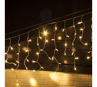 Qbis Professional Connectable Icicle Lights. Warm White with Some Randomly Twinkling LEDs. 3m Professional (extendible), Outdoor Christmas Lights, Join up to 20 Sets, White Wire (Requires Mains Plug)