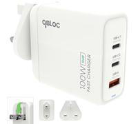 qBLOC 100W USB C Charger Plug - Compact GaN Fast Charger with UK/EU/US Adapters. Universal Compatibility for iPhone 17 Pro, Galaxy S24+, Pixel 9 Pro, MacBook Pro/Air, iPad, Laptops and More.
