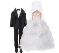 QBPKQY Wedding Outfit Set Including 1 White Wedding Dress with Veil 1 Formal Business Suit 2 Shoes,Bride Gown Groom Clothes Suit for 11.5 inch Girl & Boy Dolls (NO Doll)