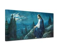 QBQT Home Office Decor Jesus Christ Blue Artwork Canvas Print Living Room Wall Art Christ on the Mount of Olives Jesus at Night Landscape Picture Prayer Room Wall Decor Frame 20x40inch