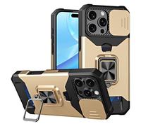 QBRXFPA Heavy Duty Bumper Protective Case for iPhone Xs Max 6.5" with Slide Lens Protection Camera Cover 360° Kickstand Ring Stand Armor Card Holder Protective Case-Gold