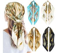 QBSM 4 Pcs 35'' Satin Head Scarf Silk Feeling Neck Scarves Hair Wrap for Sleeping Large Square Headscarf for Women, Black/Brown/Turquoise /Ivory, Large