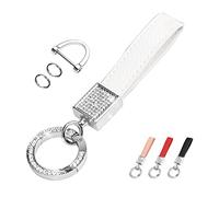 QBUC Bling Genuine Leather Car Keychain for Women Key Fob Holder Accessories with Sparkly Rhinestones, 360-degree Rotatable Swivel, Anti-Lost D-Ring, 2 Keyrings (White)