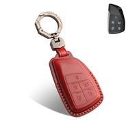 QBUC for Chevy Genuine Leather Key Fob Cover, Smart Key Holder Sleeve Fit for Chevy 2025 2024-2021 Tahoe Suburban GMC Yukon GM Buick, Silverado Sierra 2500HD 3500HD (Red, 5 Buttons)