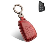 QBUC for Chevy Genuine Leather Key Fob Cover, Smart Key Holder Sleeve Fit for Chevy 2025 2024-2021 Tahoe Suburban GMC Yukon GM Buick, Silverado Sierra 2500HD 3500HD (Red, 6 Buttons)