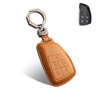 QBUC for Chevy Genuine Leather Key Fob Cover, Smart Key Holder Sleeve Fit for Chevy 2025 2024-2021 Tahoe Suburban GMC Yukon GM Buick, Silverado Sierra 2500HD 3500HD (Brown, 5 Buttons)