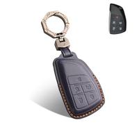 QBUC for Chevy Genuine Leather Key Fob Cover, Smart Key Holder Sleeve Fit for Chevy 2025 2024-2021 Tahoe Suburban GMC Yukon GM Buick, Silverado Sierra 2500HD 3500HD (Dark Blue, 5 Buttons)
