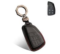 QBUC for Chevy Genuine Leather Key Fob Cover, Smart Key Holder Sleeve Fit for Chevy 2025 2024-2021 Tahoe Suburban GMC Yukon GM Buick, Silverado Sierra 2500HD 3500HD (Black, 5 Buttons)
