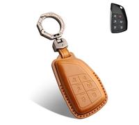 QBUC for Chevy Genuine Leather Key Fob Cover, Smart Key Holder Sleeve Fit for Chevy 2025 2024-2021 Tahoe Suburban GMC Yukon GM Buick, Silverado Sierra 2500HD 3500HD (Brown, 6 Buttons)