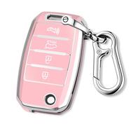 QBUC for Kia Key Fob Cover with Keychain Chrome Silver Trim Soft TPU Protection Case Compatible with 2013-2017 Kia Optima Soul Sorent Sportage 4-Buttons (Pink)