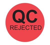 QC Rejected Quality Control Labels, Red and Black, 25mm / 1" Diameter, 1000 Labels per Roll. Ideal for Warehouse Management.