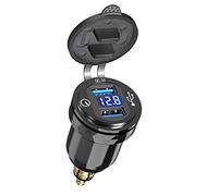 QC3.0 Dual USB DIN Charger for Motorcycle, Qidoe Aluminium DIN Socket Adapter with LED Voltmeter and Switch for 12V/24V Motorcycle BWM Ducati Triumph and Other European Style Motorcycle