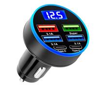 QC3.0 Port Fast USB Car Charger, Car USB 6 in 1 Charger Adapter 36V Fast Charging Car Cigarette Lighter Socket with LED Voltmeter Compatible with iPhone 16/15/14/13/12, iPad Samsung Galaxy