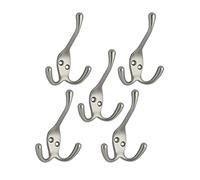 QCAA Premium Quality Coat Hat Hook with Three Prongs, 4", Zinc Die Cast, Satin Nickel, 5 Pack, Made in Taiwan