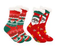 Qcbuegof 2 Pairs Women's Christmas Fleece Fuzzy Slipper Socks with Grippers Winter Thermal Non Smart Home Socks Stockings Knitted Grippers Slipper Socks, Old Man in Green Red, One Size