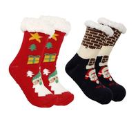 Qcbuegof 2 Pairs Women's Christmas Fleece Fuzzy Slipper Socks with Grippers Winter Thermal Non Smart Home Socks Stockings Knitted Grippers Slipper Socks, Red Old Man Navy Bl, One Size