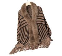 Qcbuegof Long Sleeve Sweater Cardigan Striped Knit Shawl Shrug Furry Collar Open Front Tassels Loose Ponchos Cloak for Women Fringe Shawl Wrap Cardigan Coffee
