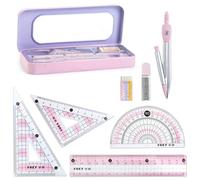 Qcdou 8 Pcs Maths Set Geometry Sets Protractor and Compass Set with Storage Box, Featuring Compass, Protractor, Ruler, Set Squares & Eraser, for Class Supplies and School