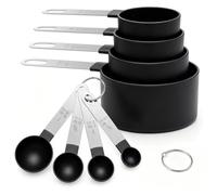 Qcdou 8 Piece Measuring Cups and Spoons Set, Stackable Cup Measurements Set | Stainless Steel Handle Measuring Spoons, Tablespoons, for Liquids and Solids, Cooking Kitchen Baking Essentials (Black)