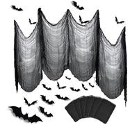 Qcdou Halloween Decorative Fabric, 88PCS 3D Bats Stickers, 6Pack 183 x 76 cm Creepy Cloth, Black Scary Fabrics, DIY Home Window Decor, Party Supplies