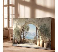 Qcdxfgdfh Arched Window Olive Tree Mediterranean Wall Art, Beige Wall Terracotta Pot Coastal Landscape Poster(40x60cm/Frameless)