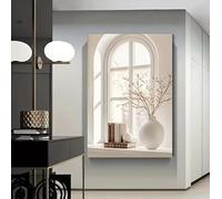 Qcdxfgdfh Soft Neutral Arched Window Still Life Wall Art, Minimal White Vase Book Sunlight Shadow Canvas Poster(60x80cm/Frameless)