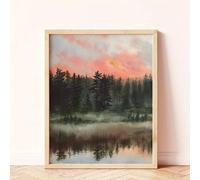 Qcdxfgdfh Sunset Forest Lake Reflection Watercolor Wall Print Soft Muted Vertical Canvas Cottage Decor(50x70cm/Frameless)