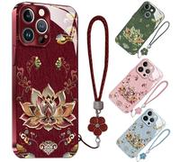 QCDZSW Dunhuang Lotus Lanyard Hard Case for iPhone, Ultra-Thin Shockproof Dunhuangs Lotus Patterned Phone Case Full-Coverage Drop Protection(Red,For 16Plus)