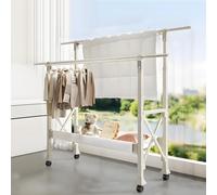 Qcesorib Clothes Rail with Shelf, Double Clothes Rack with Wheels, Multifunctional Clothes Drying Rack, Adjustable Height 3 Positions, Expandable Width, for Laundry, Entryway, Bedroom, Shop