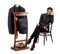 Qcesorib Multifunctional Valet Stand with Trouser Rack and Tie Rack, Solid Wood Suit Rack Stand, Floor Standing Suit Hanger Rack with Drawer and Tray, for Bathroom Office Bedroom