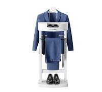 Qcesorib Solid Wood Suit Rack Stand, Freestanding Valet Stand with Tray, Men's Valet Coat Stand with Contour Hanger, Solid Base, for Bathroom Office Bedroom, Walnut