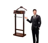Qcesorib Solid Wood Valet Stand with Tray, Clothes Valet Stand with Base and Pants Bracket, Freestanding Suit Hanger with Curved Wide Shoulder Hanger, for Men's or Women's Clothes