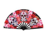 Qchengsan UV Glow Rave Fan,Day of The Dead Design Folding Hand Fan for Festival Outfits, Large Clap Clacking Handheld Fans for Line Dancing,13 Inch Rave Hand Fan Make Sound for Halloween Party Gift