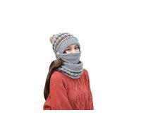 Qchomee 3 in 1 Women Knitted Hat Circle Scarf Mask Set Fleece Pom Pom Beanie Hat Neckwarmer Full Warm Mask Earflap Thermal Winter Cycling Balaclava Skull Cap Windproof Ski Hood Hat (Grey)