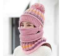 Qchomee 3 in 1 Women Knitted Hat Circle Scarf Mask Set Fleece Pom Pom Beanie Hat Neckwarmer Full Warm Mask Earflap Thermal Winter Cycling Balaclava Skull Cap Windproof Ski Hood Hat (Pink)