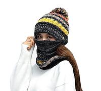 Qchomee 3 in 1 Women Knitted Hat Circle Scarf Mask Set Fleece Pom Pom Beanie Hat Neckwarmer Full Warm Mask Earflap Thermal Winter Cycling Balaclava Skull Cap Windproof Ski Hood Hat (Black)