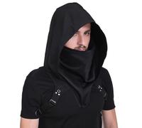 Qchomee Adults Short Hooded Cloak Cape with Mask Halloween Wizard Cosplay Cape Medieval Vampire Devil Pagan Cloak Black for Men Women Fancy Dress Costume Party Cowl Drama Stage Prop (Black)