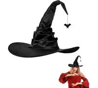 Qchomee Black Folds Witch Hat with Spider Bat Adult Women Halloween Wizard Hat Magic Cap Headwear Teen Party Masquerade Carnival Cosplay Fancy Dress Costume Accessory