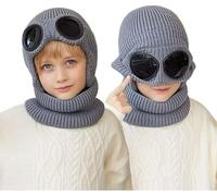 QCHOMEE Kids 2 IN 1 Hat Scarf Set Boys Girls Warm Fleece Lining Balaclava Ski Hat with Windproof Goggles Neckwarmer Elastic Hood Winter Thermal Neck Snood for Children Age 3-8 Years