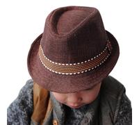 QCHOMEE Kids Summer Panama Hat Fedora Trilby Straw Sun Hat Beach Hat Cowboy for Children Boys Rollable Packable Straw-Fedora Hat Sun Protection Hat Gangster Cap 50-53CM (Brown)