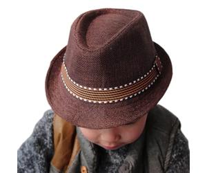 QCHOMEE Kids Summer Panama Hat Fedora Trilby Straw Sun Hat Beach Hat Cowboy for Children Boys Rollable Packable Straw-Fedora Hat Sun Protection Hat Gangster Cap 50-53CM (Brown)