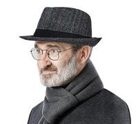 QCHOMEE Men Wool Fedora Trilby Hat Church Derby Cap Panama Hat Jazz Gentlemans Hat Classic Stripe Fedora Cap Black Grey for Men Women Wedding Party Talent Show (Black Stripe)