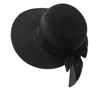 QCHOMEE Wide Brim Straw Panama Hat with Cotton-Ramie Bow - Ladies Church Derby Cap, Classic Flat Fedora, Trilby Jazz for Wedding Party, Talent Show Performance - Black