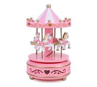 QCHOMEE Windup 4-Horse Rotating Carousel Classical Music Box Merry-go-round with Colorful Change LED Luminous Light Melody Artware Birthday Christmas Festival Musical Present Home Accessories