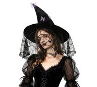 Qchomee Witch Hat with Lace Spider’s Web Set Halloween Witch Role Play Costume Fancy Dress Up Hat Party Cosplay Outfit 2 in 1 Wizard Hats Costume for Women Men Adults