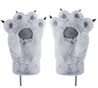 Qchomee Women Girls Cat Bear Paw Claw Gloves Mittens Plush Warm Winter Animal Wolf Paw Handwear Cute Fluffy Cartoon Claw Mittens with String Cosplay Party 18x10cm, Grey for Girls 4-10 Years