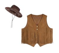 Qchomee Women Western Cowboy Outfits Retro Cowgirl Hippie Costume Hat Ladies Sleeveless Short Jackets Vest with Tassel Faux Suede Cowboy Hat Fringe Vest Fancy Dress Costume Set Brown, Black