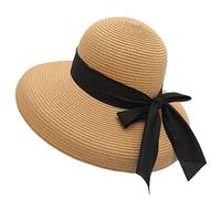 Qchomee Women Wide Brim Straw Hat Ladies Panama Church Derby Cap Sun with Bow Bucket Summer Trilby Travel Beach Classic Flat Fedora for Wedding Party Talent Show Performance Light Brown